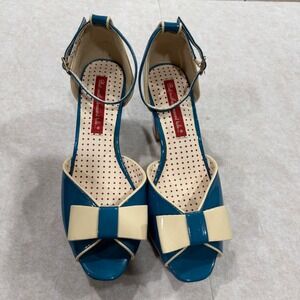 But Another Innocent Tale Teal Blue Patent Bow Platform Peep Toe Heels Retro